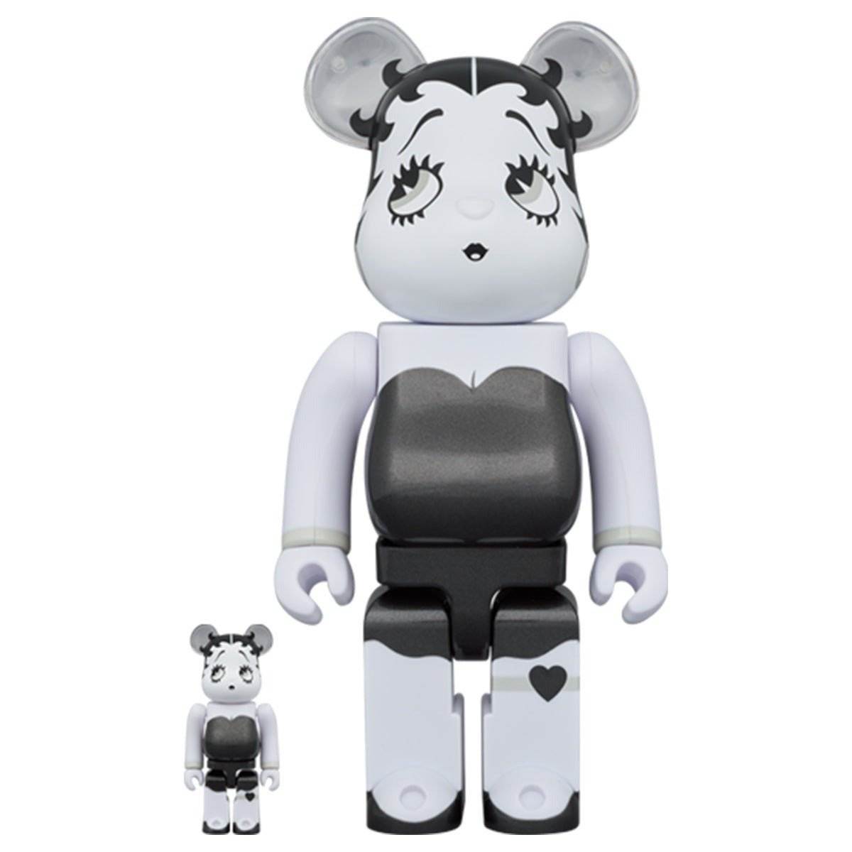 Betty Boop black and white Bearbrick figurine set by Medicom Toys in 400% and 100% sizes.
