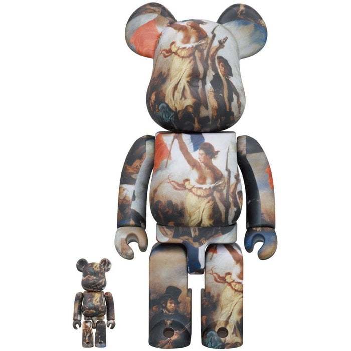 400% and 100% Bearbrick set featuring Eugène Delacroix's Liberty Leading the People artwork by Medicom Toys
