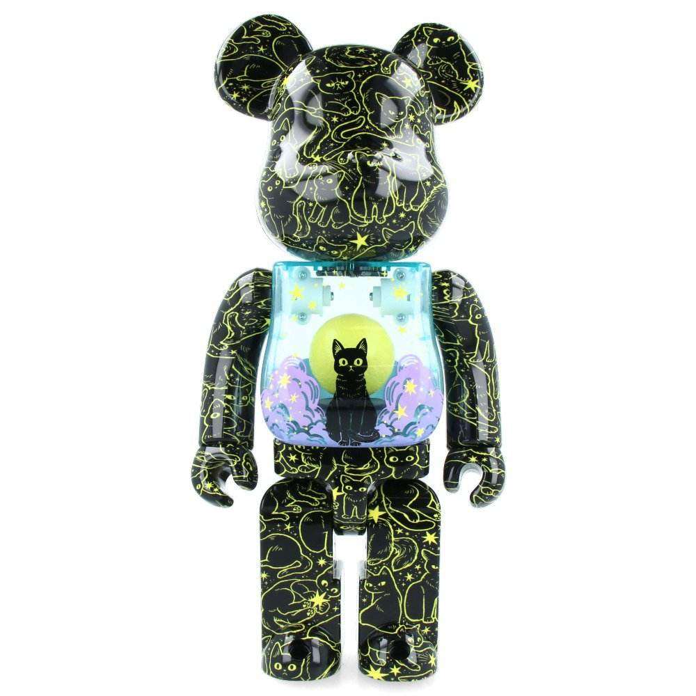 400% Bearbrick - Cat in the Night Sky (Hikari Bambi) figurine with starry night design and glowing stomach feature.