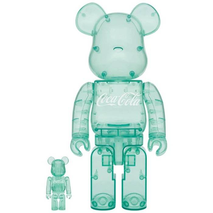 Transparent Georgia Green 400% and 100% Bearbrick set with white Coca-Cola logo collectibles
