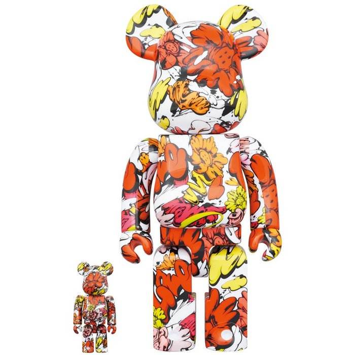 Colorful Bearbrick sæt featuring 400% and 100% sizes with floral and abstract design by Shun Sudo