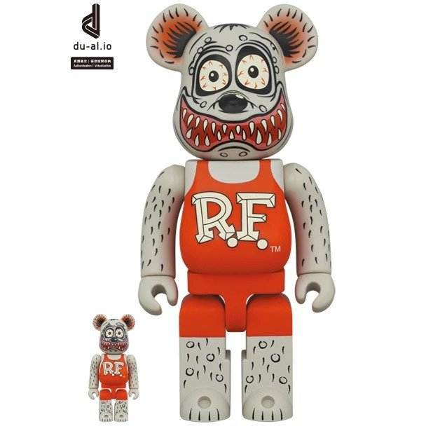 Bearbrick set featuring Rat Fink by Ed "Big Daddy" Roth in gray, 400% and 100% sizes.