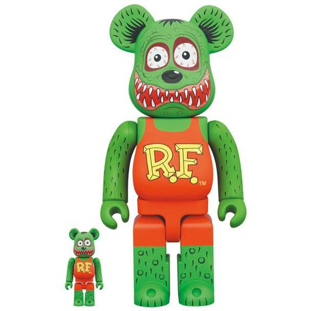 400 & 100 Bearbrick Rat Fink collectible figures by Ed "Big Daddy" Roth in green and orange design