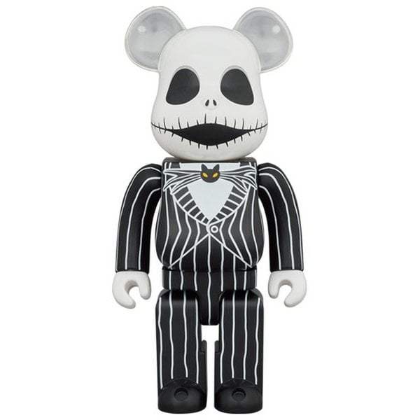1000 Bearbrick collectible figure featuring Jack Skellington from The Nightmare Before Christmas in black and white pinstripe suit