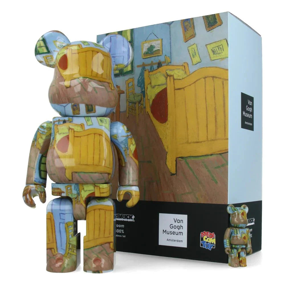 400% & 100% Bearbrick set featuring Van Gogh's The Bedroom design, inspired by the 1888 iconic painting.
