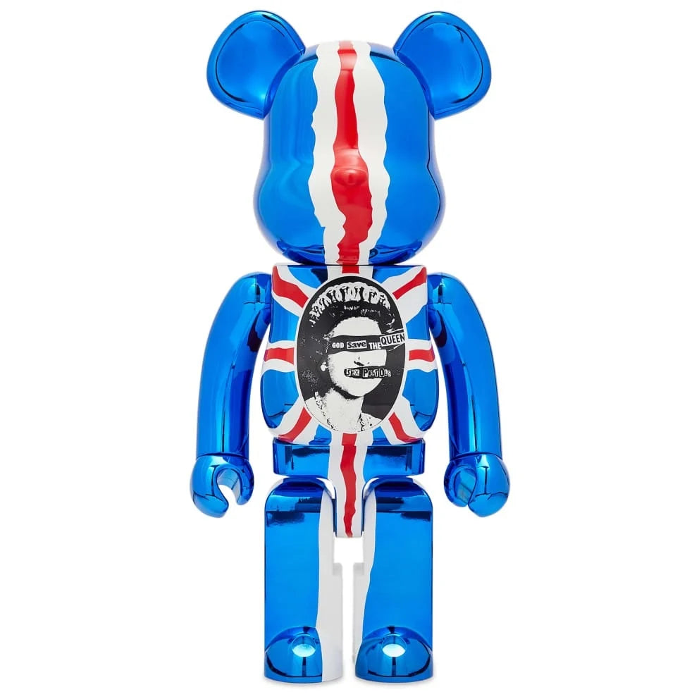 1000% Bearbrick - Sex Pistols - God Save the Queen (Chrome Edition) with blue chrome finish and iconic band artwork.