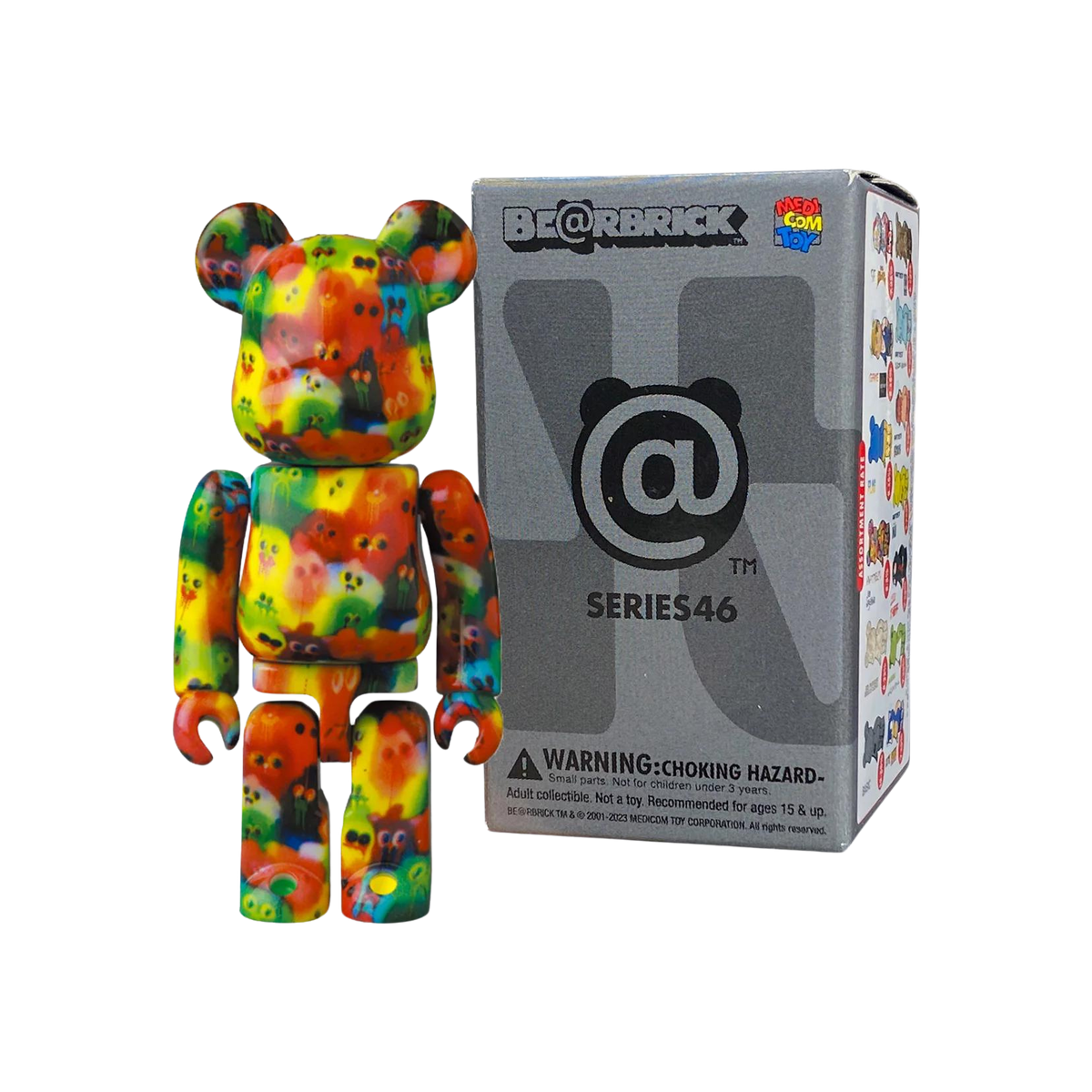 100% Bearbrick Blindbox Series 46 collectible figure with colorful design and packaging.