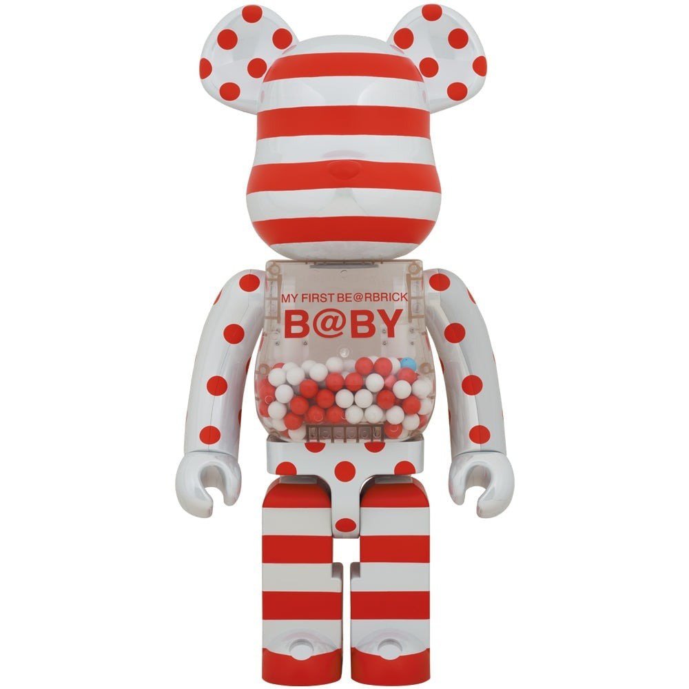 1000% Bearbrick My First Bearbrick Baby BWWT 3 special edition collectible with red and white striped design and transparent belly containing colorful beads.