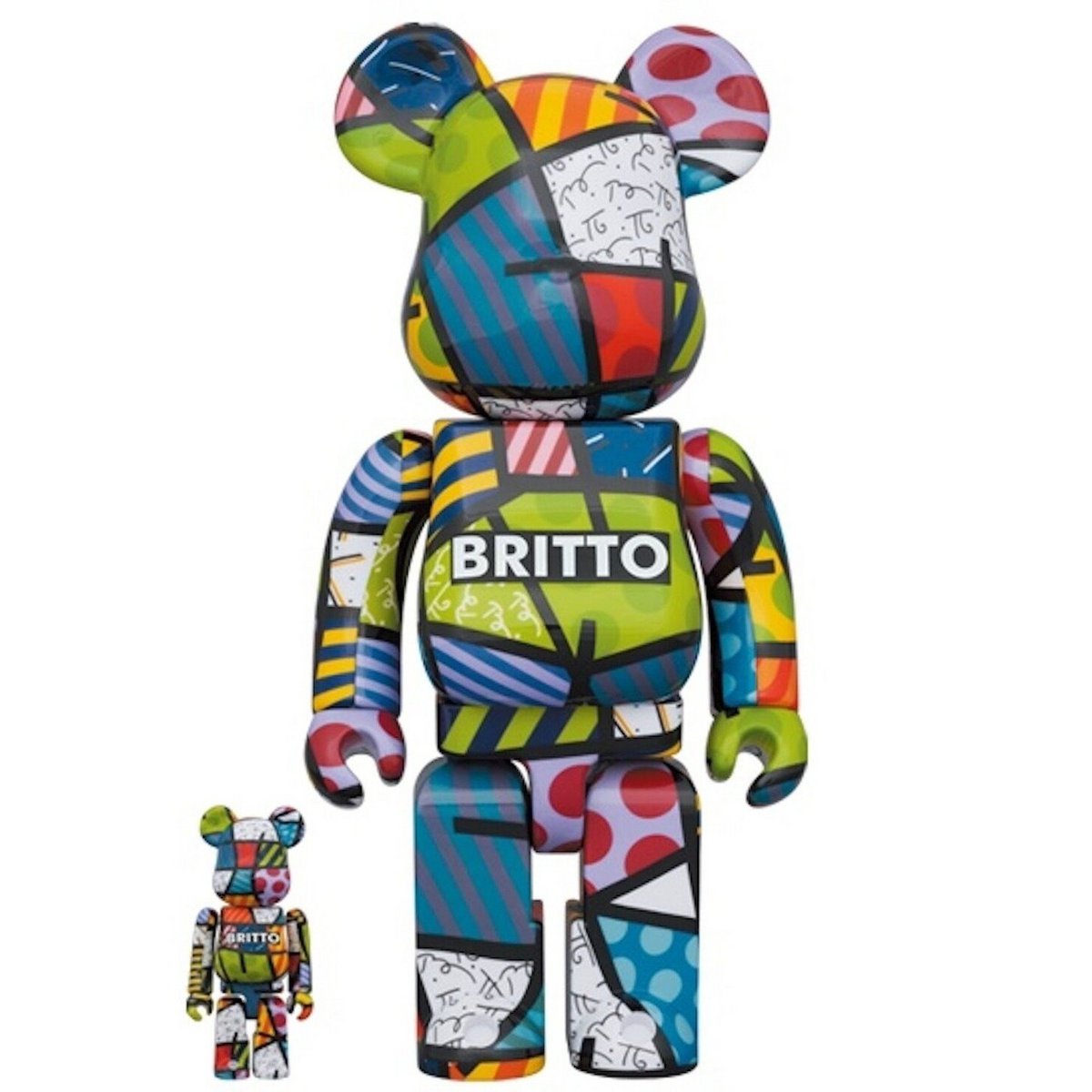 400% & 100% Bearbrick Set - Romero Britto with vibrant pop art design from Medicom Toys.